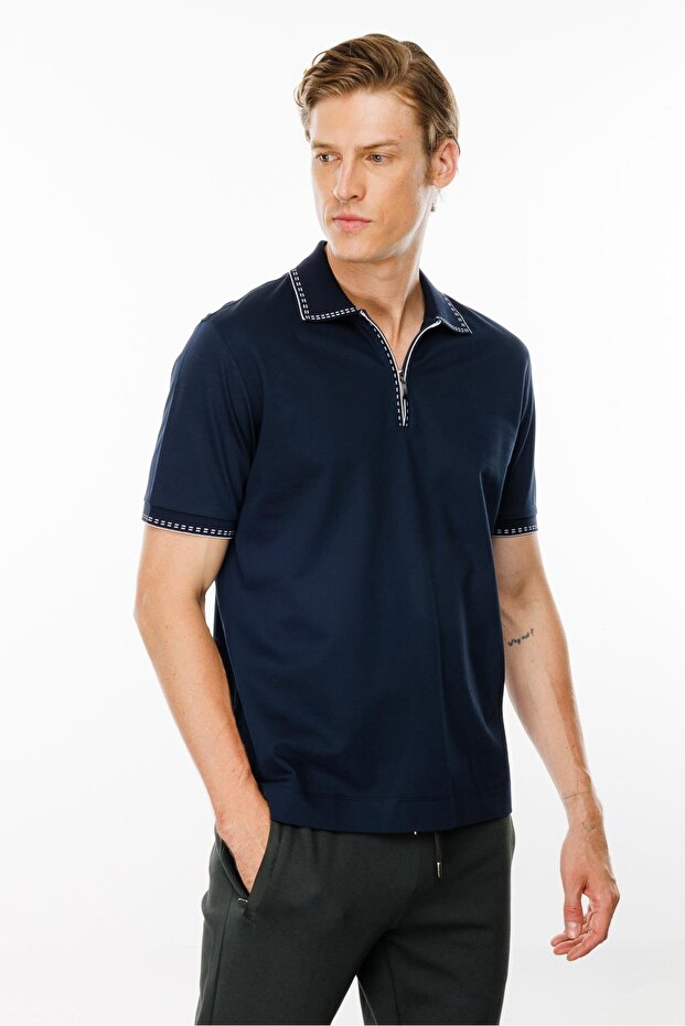 Men's Polo Collar Zippered T-Shirt Navy Blue