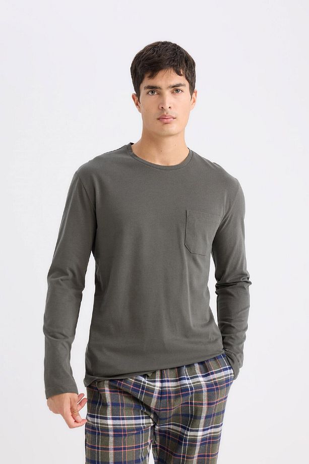 Pijama Takımı Regular Fit Uzun Kollu Basic Düz Üst Kareli Alt B2450ax24wn - 4