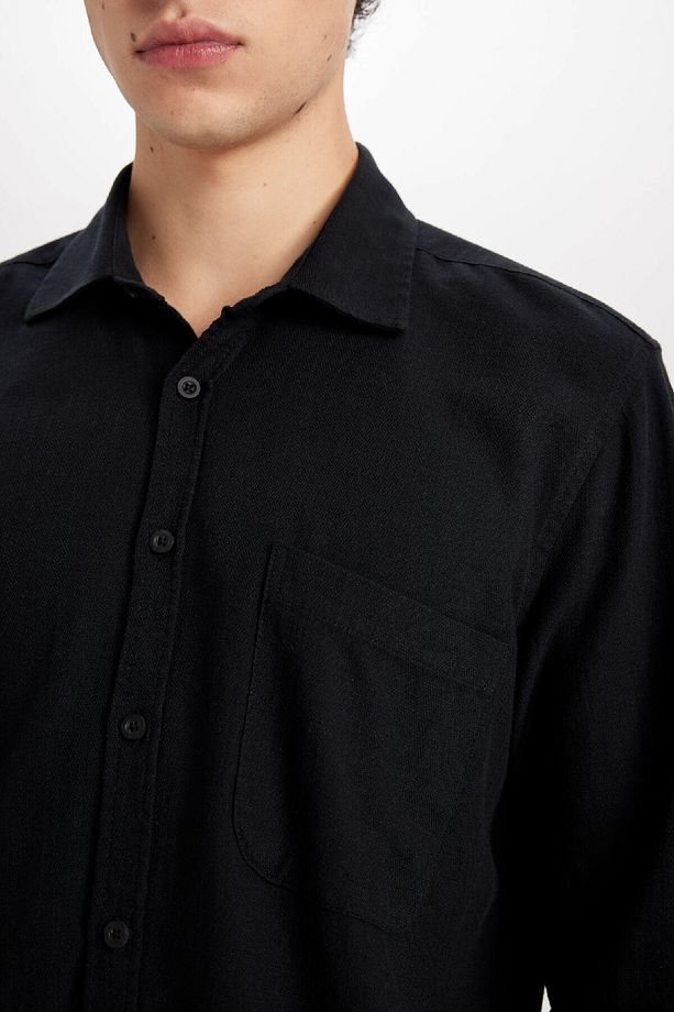 Regular Fit Pamuklu Basic Düz Keten Görünümlü Uzun Kollu Siyah Gömlek D7079ax24sp - 5