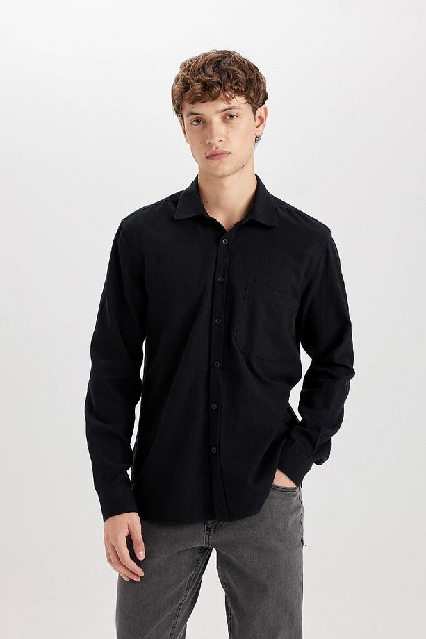 Regular Fit Pamuklu Basic Düz Keten Görünümlü Uzun Kollu Siyah Gömlek D7079ax24sp - 4