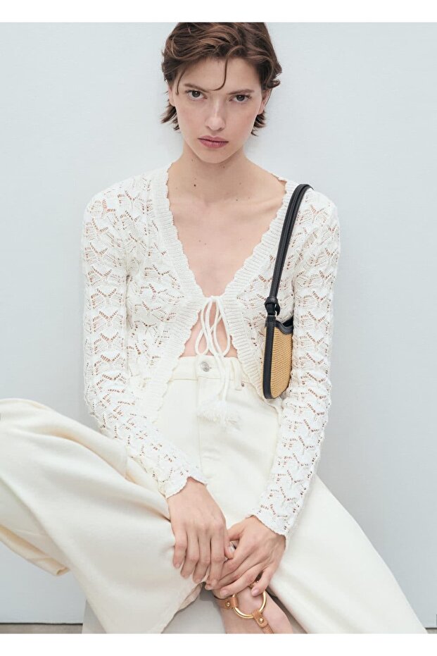 Geknüpfte Strickjacke mit Bindeband - 6