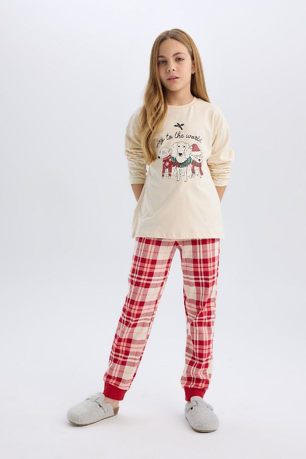 Kız Çocuk Yılbaşı Temalı Pijama Takımı Bisiklet Yaka Uzun Kollu Üst Beli Lastikli Alt D8790A824AU - 2