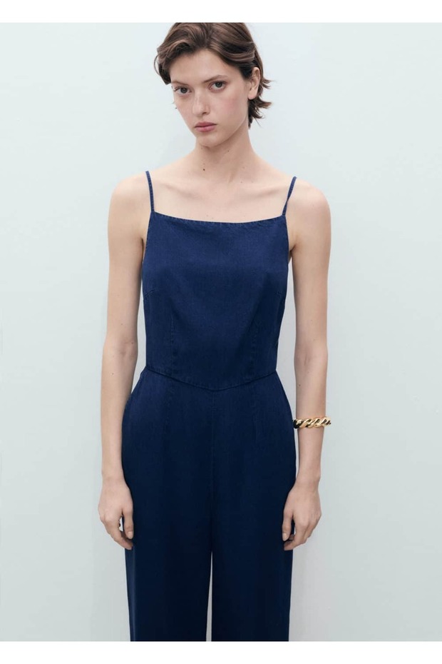 Denim görünümlü uzun tulum - 1