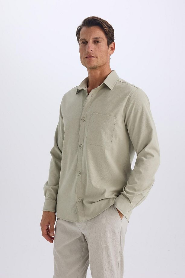 Regular Fit Polo Yaka Basic Düz Gofre Uzun Kollu Gömlek D8713ax25sp - 6