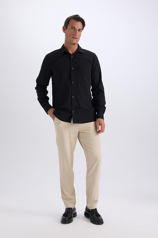 Regular Fit Polo Yaka Basic Düz Gofre Uzun Kollu Siyah Gömlek D8713ax25sp - 5