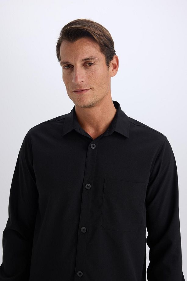 Regular Fit Polo Yaka Basic Düz Gofre Uzun Kollu Siyah Gömlek D8713ax25sp - 6