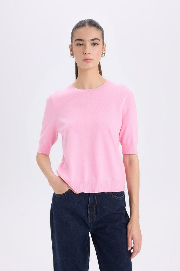 Regular Fit Bisiklet Yaka Basic Düz Kısa Kollu Triko Kazak D6272AX25SM - 3