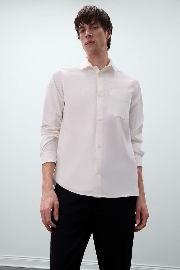 Regular Fit Polo Yaka Basic Düz Gofre Uzun Kollu Beyaz Gömlek D8713ax25sp - 1