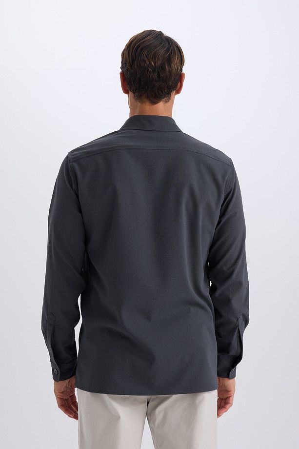 Regular Fit Polo Yaka Basic Düz Gofre Uzun Kollu Gömlek D8713ax25sp - 6