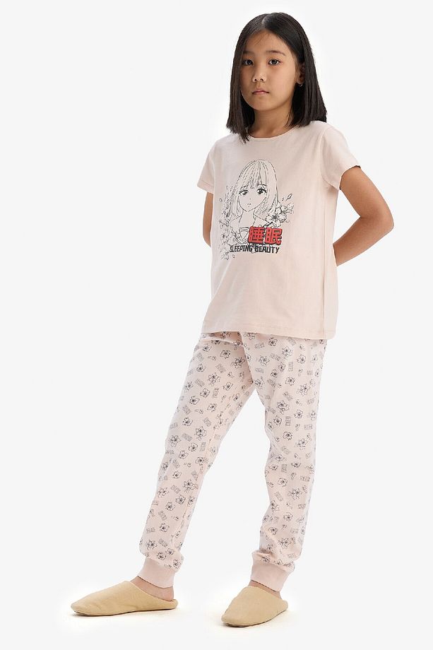 Kız Çocuk Pijama Takımı Baskılı Kısa Kollu Üst Beli Lastikli Uzun Alt E0542A825SM - 1