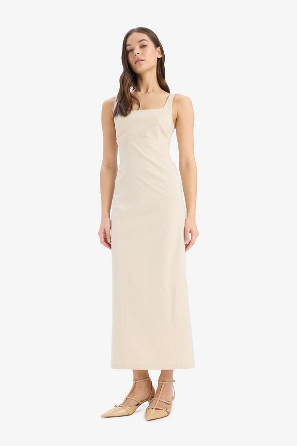 Bodycon Vücudu Saran Basic Düz Kare Yaka Askılı Maxi Elbise C5027AX25SP - 3