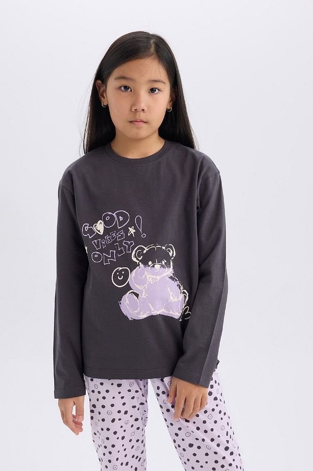 Kız Çocuk Pijama Takımı Baskılı Uzun Kollu Üst Esnek Belli Desenli Uzun Alt E0532a825sp - 3