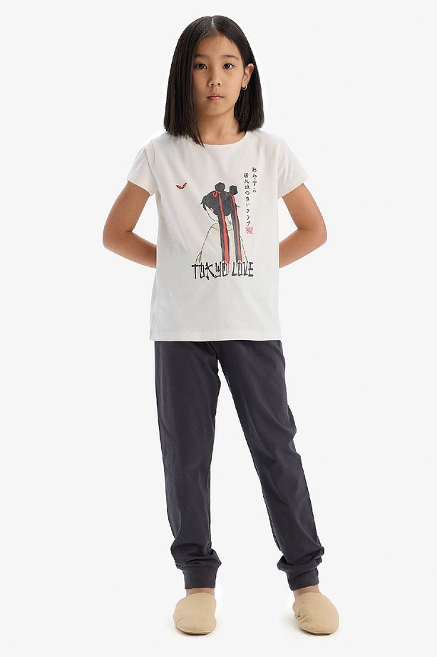 Kız Çocuk Pijama Takımı Baskılı Kısa Kollu Üst Esnek Belli Uzun Alt E0541a825sm - 1
