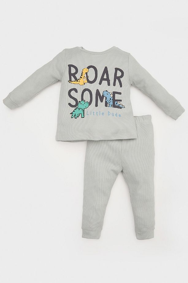 Erkek Bebek Pijama Takımı Dinazor Baskılı Waffle Uzun Kollu Üst Beli Lastikli Uzun Alt E0754A525SP - 1