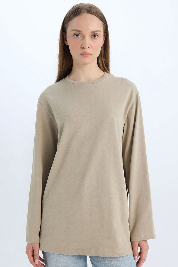 Regular Fit Bisiklet Yaka Basic Düz Uzun Kollu Tişört Tunik D4897AX24WN - 1