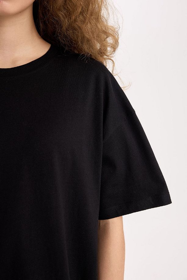 Oversize Geniş Kalıp Basic Düz Bisiklet Yaka Kısa Kollu Siyah Tişört V4136az25sm - 4
