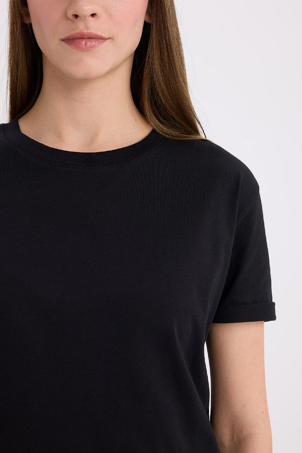 Regular Fit Bisiklet Yaka Basic Düz Penye Kısa Kollu Siyah Tişört W9584az25sp - 5