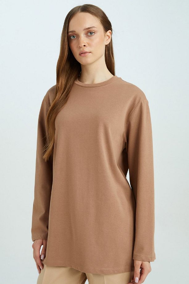 Regular Fit Bisiklet Yaka Basic Düz Uzun Kollu Tişört Tunik D4897ax24wn - 1