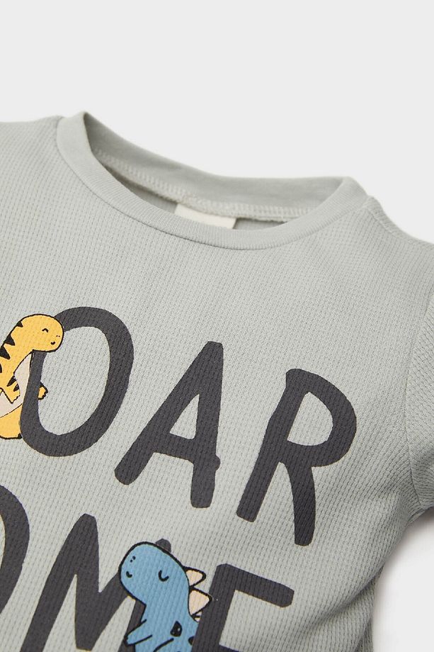 Erkek Bebek Pijama Takımı Dinazor Baskılı Waffle Uzun Kollu Üst Beli Lastikli Uzun Alt E0754A525SP - 3