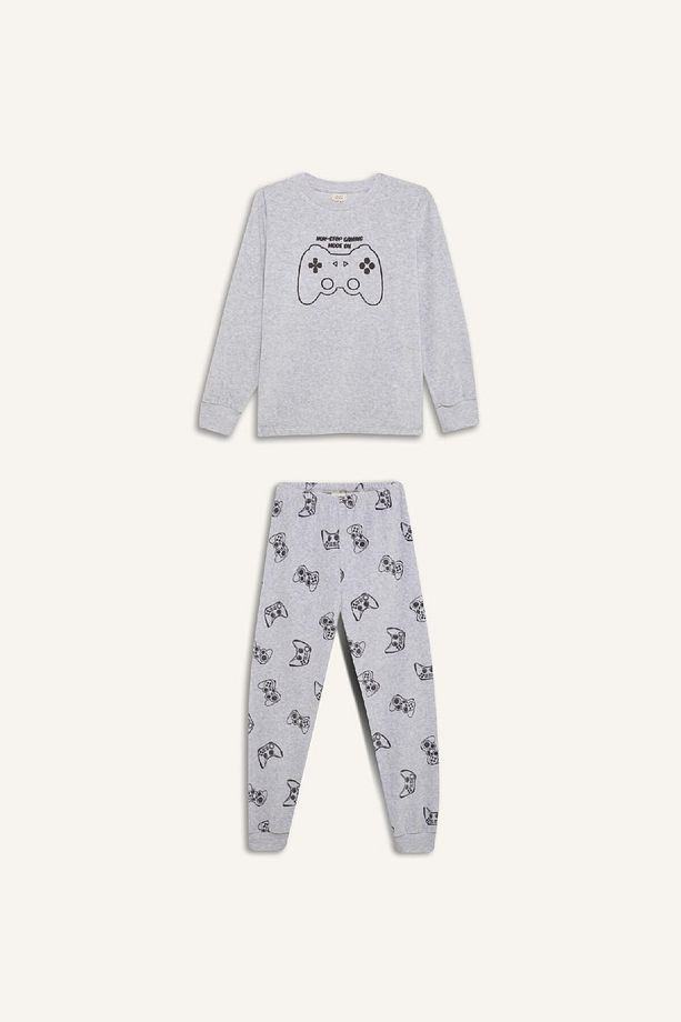 Erkek Çocuk Kadife Pijama Takımı Bisiklet Yaka Baskılı Uzun Kollu Üst Uzun Alt D8599A824CW - 7