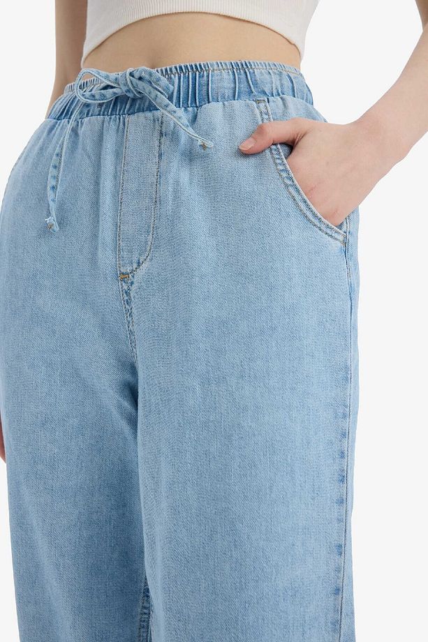 Pull On Paperbag Yüksek Bel Düz Paça Uzun Yumuşak Jean Pantolon E0733AX25SM - 5