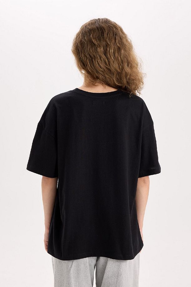 Oversize Geniş Kalıp Basic Düz Bisiklet Yaka Kısa Kollu Siyah Tişört V4136az25sm - 5