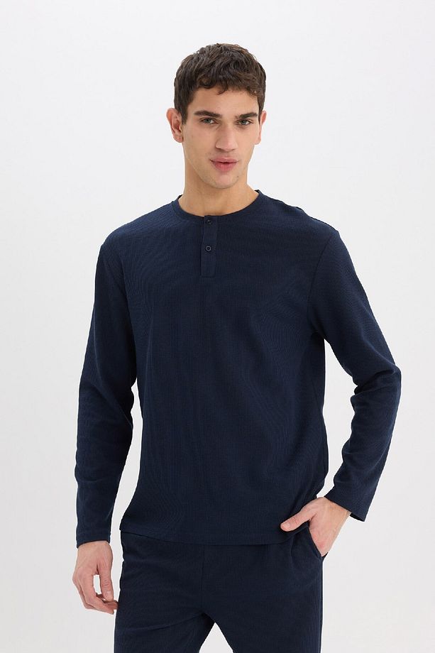 Regular Fit Waffle Pijama Takımı Basic Düz Bisiklet Yaka Uzun Kollu Üst Uzun Alt D8230AX24WN - 3