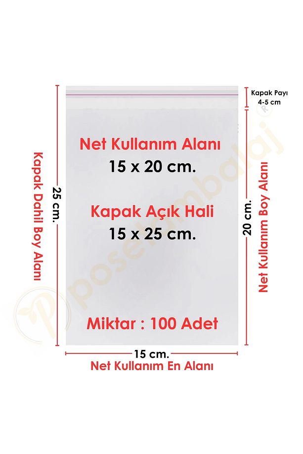 15x20 5 Cm. (15*25) 100 Adet Cd Jelatini - Şeffaf Bantlı Yapışkanlı Opp Jelatin Poşet - 1