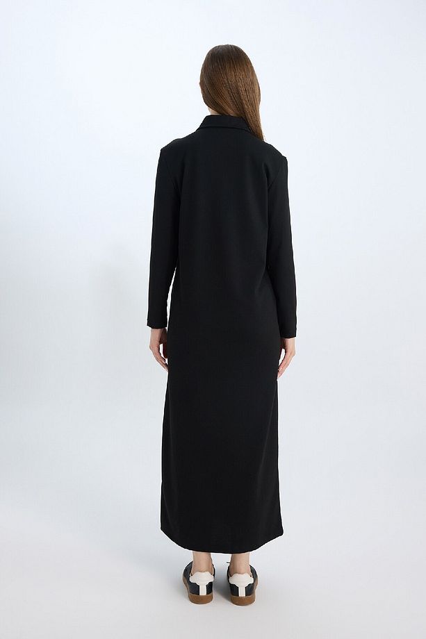 Regular Fit Gömlek Yaka Basic Düz Uzun Kollu Pike Maxi Elbise E1417ax24wn - 5