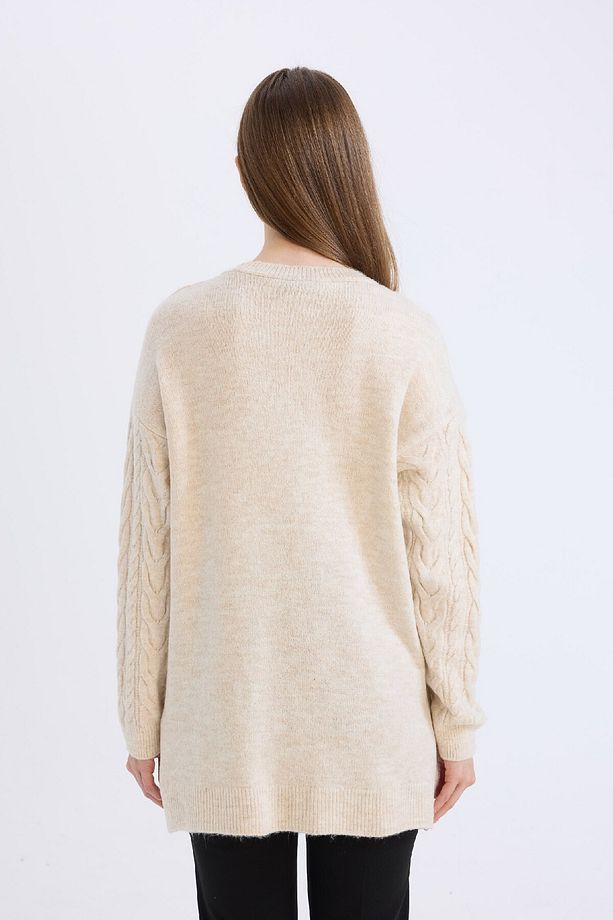 Regular Fit Bisiklet Yaka Saç Örgü Desenli Triko Kazak Tunik B4284AX24WN - 5
