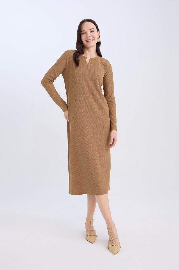 Bisiklet Yaka Basic Düz Bürümcük Uzun Kollu Maxi Elbise E1790AX24WN - 2