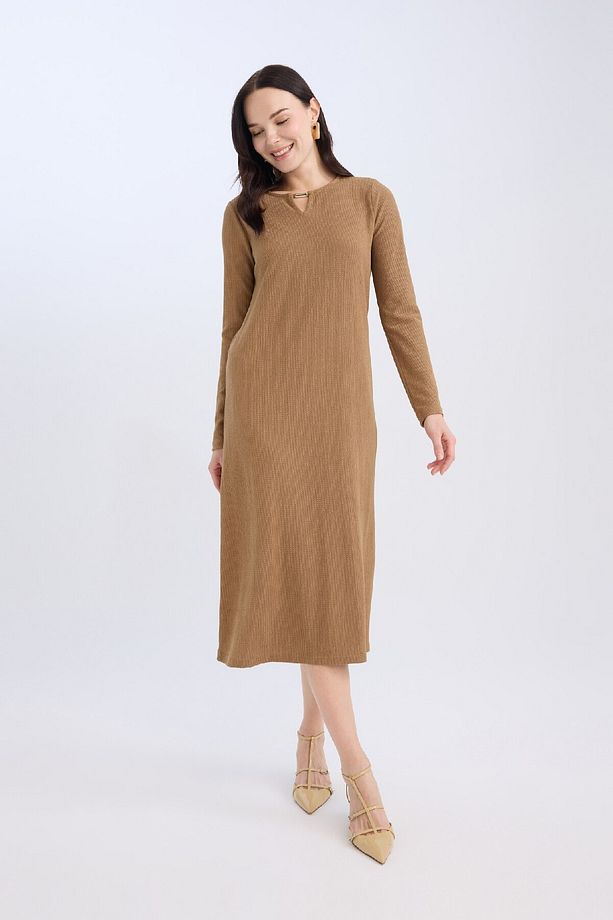 Bisiklet Yaka Basic Düz Bürümcük Uzun Kollu Maxi Elbise E1790AX24WN - 4