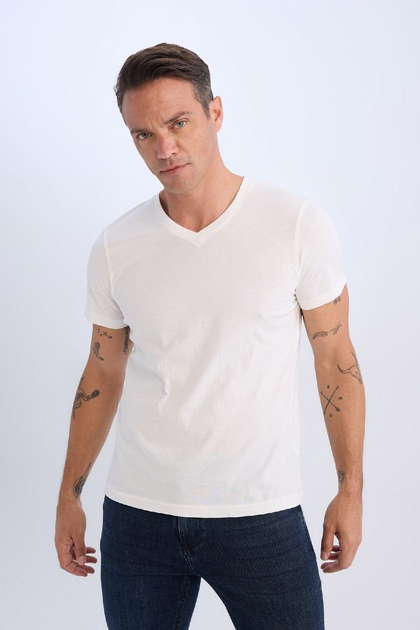 %100 Pamuk Regular Fit V Yaka Pamuklu Basic Düz Kısa Kollu Tişört D7938ax25sp - 3