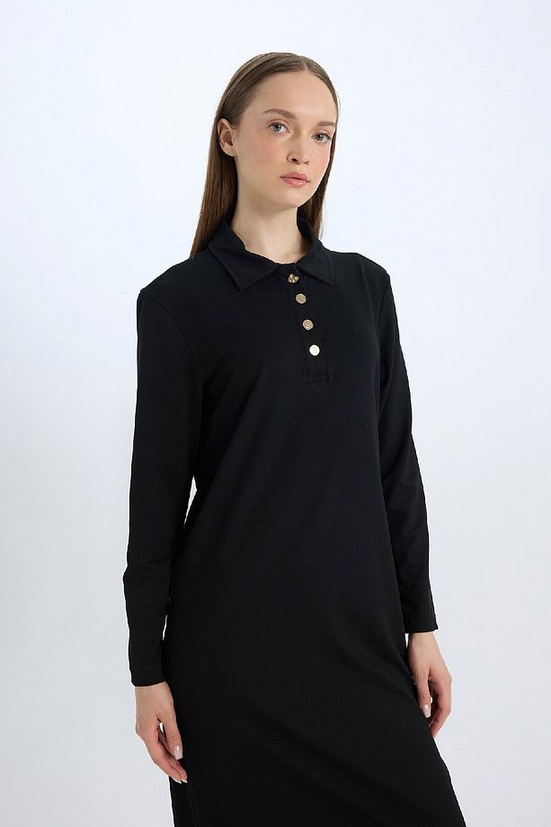 Regular Fit Gömlek Yaka Basic Düz Uzun Kollu Pike Maxi Elbise E1417ax24wn - 3