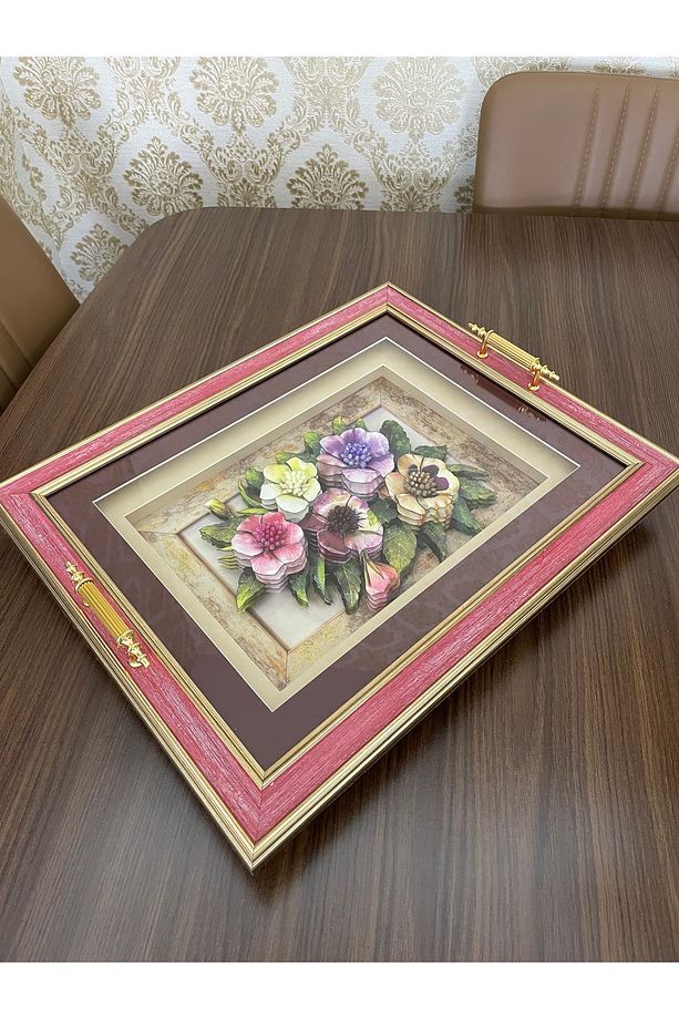 3D Rölyef El Yapımı Çay Tepsisi, Çiçek Figürlü Rölyef Tepsi, 3D Relief Table, 45x35 cm Rölyef Tablo - 5