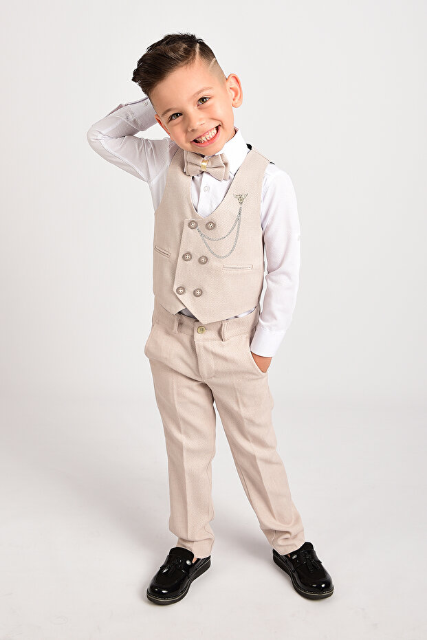 Boy's Tuxedo Suit (Cream Button Vest, Shirt, Pants, Bow Tie, Chain)