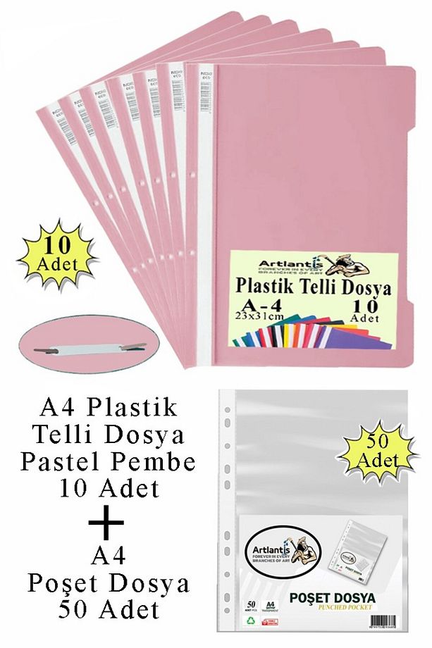 Telli Dosya Plastik A4 10 lu ve Poşet Dosya 50 li 1 Paket Ekonomik Kaliteli Şeffaf Kapak Telli Dosya - 1