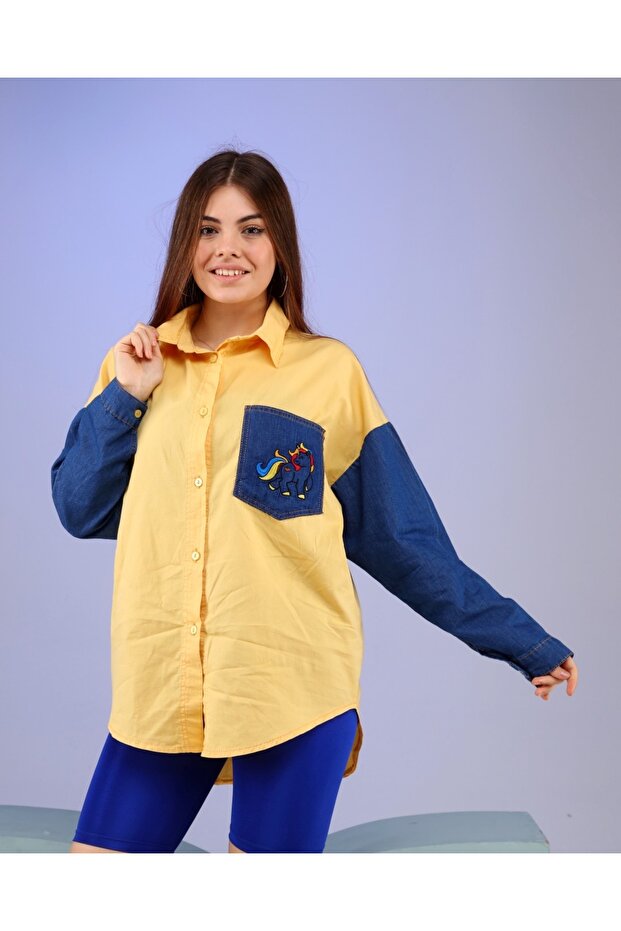 Kadın kot gömlek garnili oversize - 1