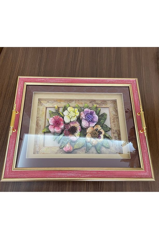 3D Rölyef El Yapımı Çay Tepsisi, Çiçek Figürlü Rölyef Tepsi, 3D Relief Table, 45x35 cm Rölyef Tablo - 7