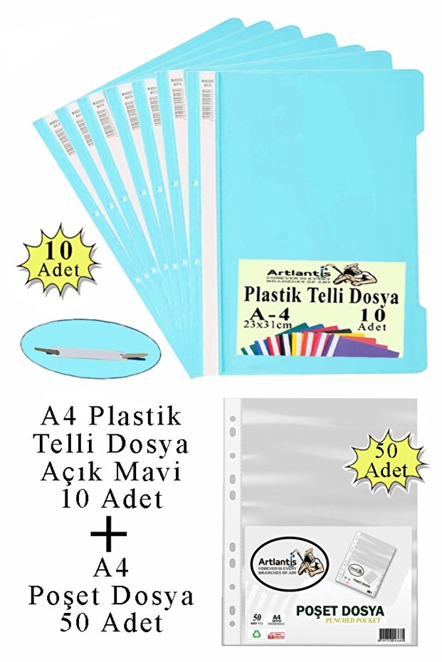 Telli Dosya Plastik A4 10 lu ve Poşet Dosya 50 li 1 Paket Ekonomik Kaliteli Şeffaf Kapak Telli Dosya - 1