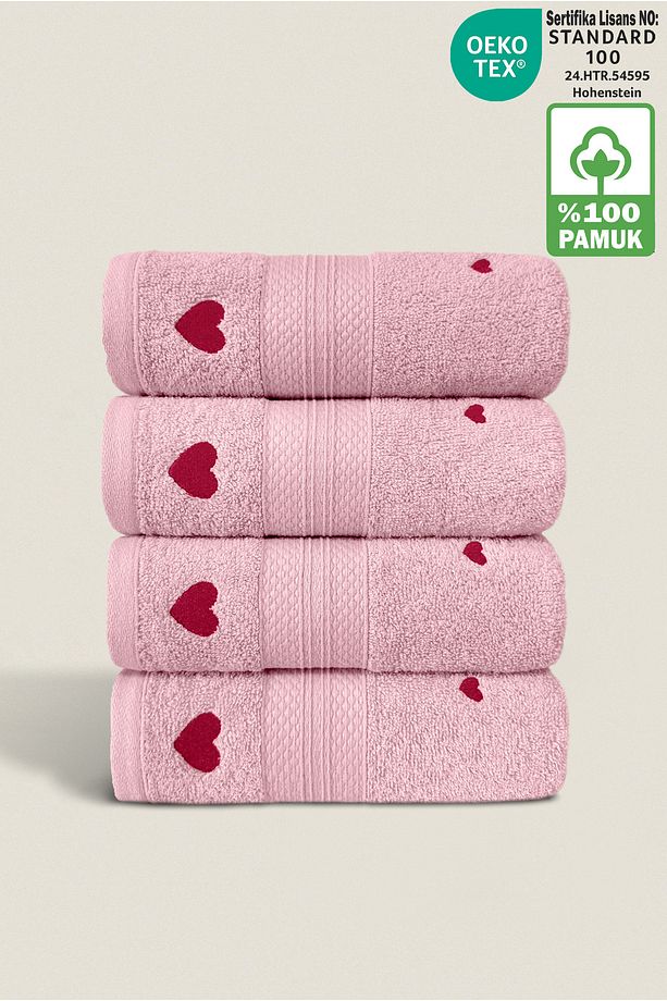 Luv 4'lü Havlu Seti %100 Pamuk Sertifikalı, Kalpli Nakışlı El Yüz Mutfak Havlusu 50x80cm Model4 - 1