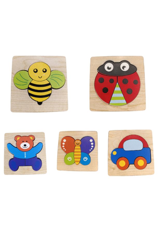 Ahşap Eğitici 1 Bul-tak Puzzle (Kelebek, Ayı,Arı,Ugur Böcegi,Araba)set - 5