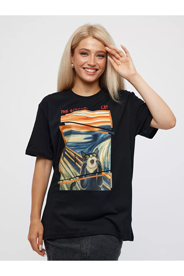 Screaming Cat Printed Crew Neck Short Sleeve T-Shirt