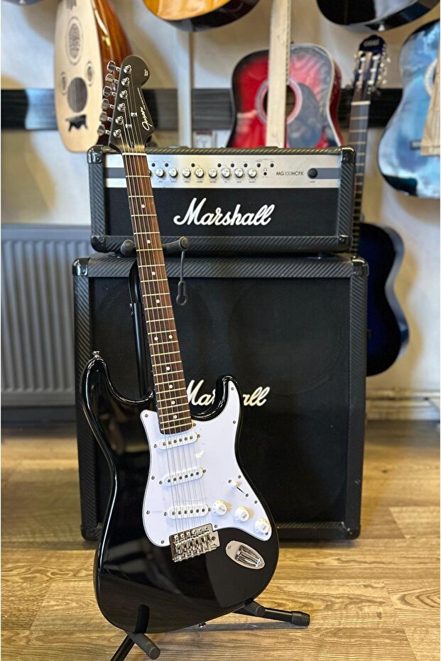 guson Strat Kasa Siyah Beyaz Elektro Gitar Sss ( Kılıf, Pena, Askı, Kablo Hediye )