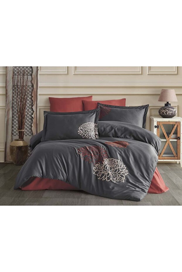 Eterna Charcoal & Copper Cotton Satin Bed Linen Set 6 Pcs 200x220 Cm & Gift Turkish Coffee Set