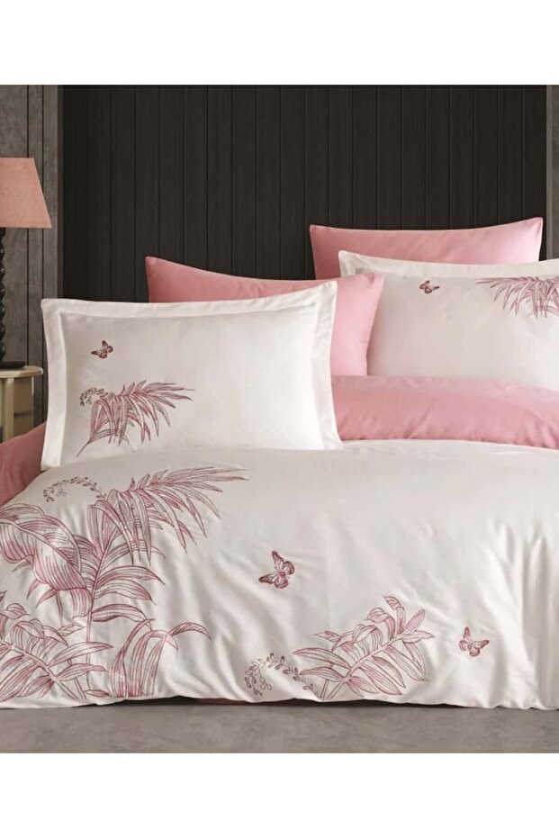 Purova Ivory & Dusty Rose Cotton Satin Bed Linen Set 6 Pcs 200x220 Cm & Gift Turkish Coffee Set