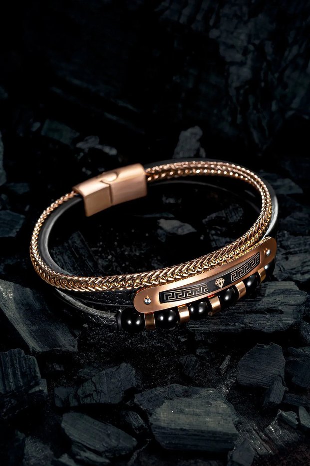 Men's Steel Bracelet - Leather Steel with Onyx Stone and 3 Greek Diamond Motifs, for Lover, Spouse, Father