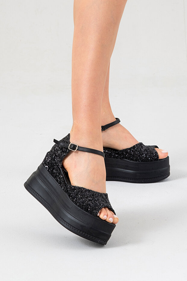 Black Glitter Women's Wedge Heeled Sandals 9cm Comfortable Shoes