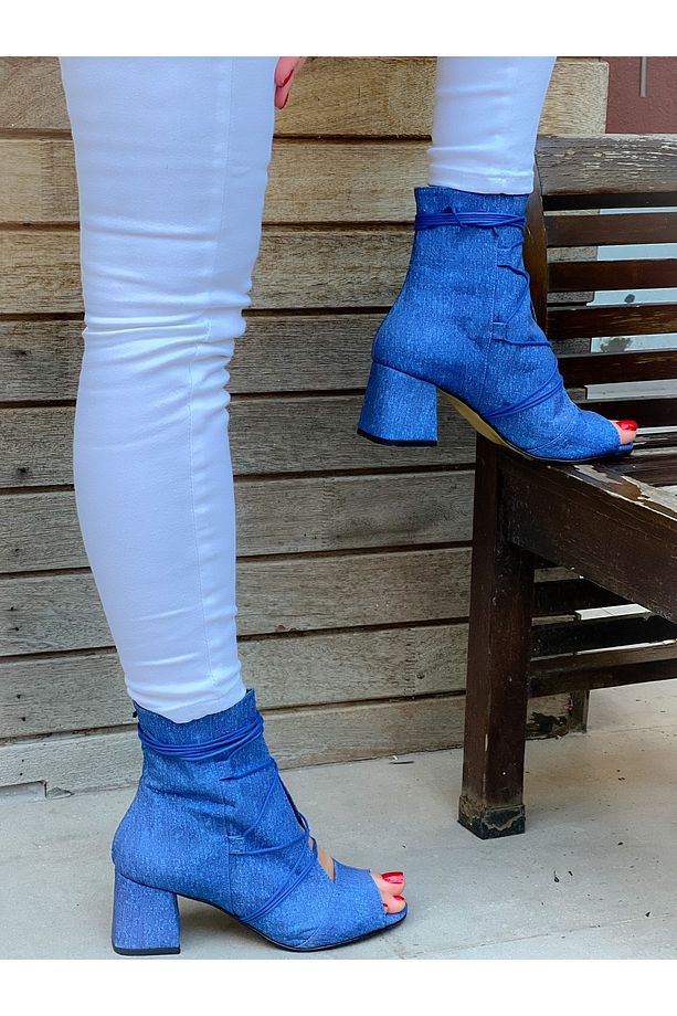 SMİLE KOT BAGCIKLI 5 CM TOPUKLU YAZLIK BOT - 5