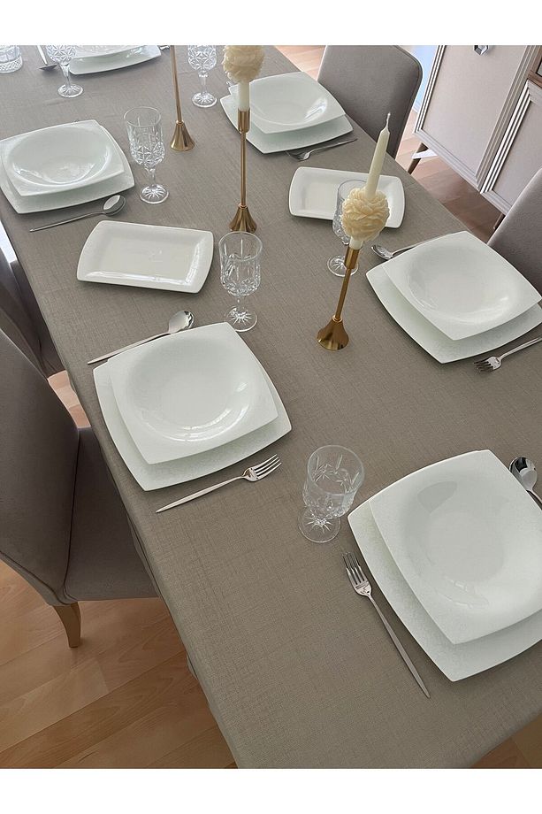 Piko Sarma Detaylı Polyester Keten Dertsiz Masa Örtüsü Taş Rengi - 8